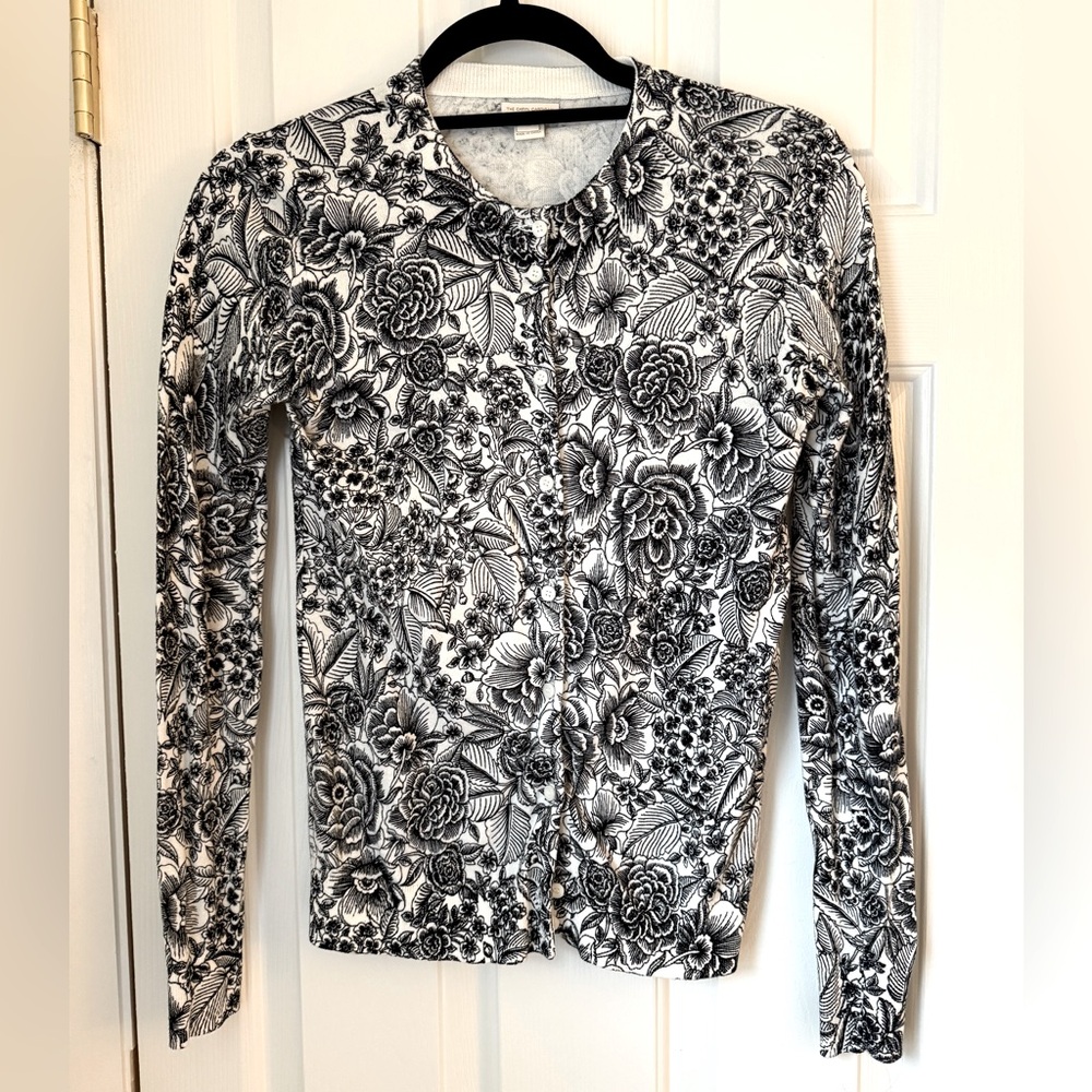 J. Crew Caryn Cardigan Sweater with Black and White Floral Print, Size XS